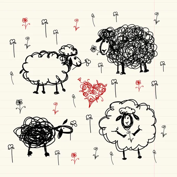 Funny sheeps on meadow, sketch for your design — Stock Vector