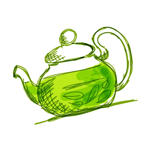 Bosquejo de tetera con té verde para su diseño — Vector de stock