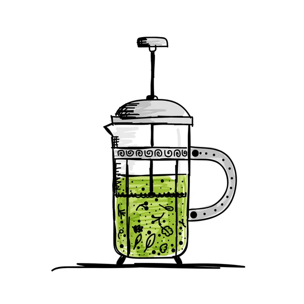 Czajnik szkic z zielonej herbaty do projektowania — Wektor stockowy