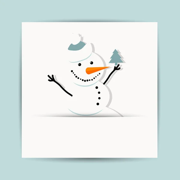 Boneco de neve feliz com árvore de natal, design de cartão postal — Vetor de Stock