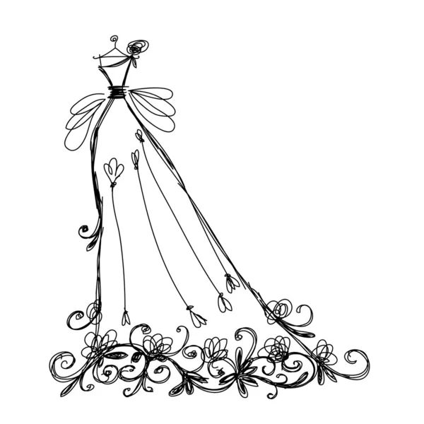Szkic o sukni ślubnej z kwiatowy ornament projekt — Wektor stockowy