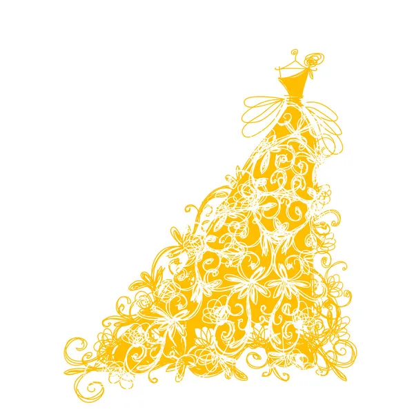 Szkic złotej sukni z kwiatowy ornament projekt — Wektor stockowy