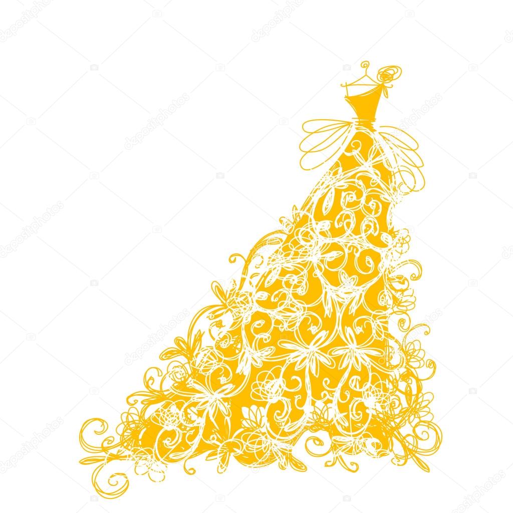 Sketch of golden dress with floral ornament for your design