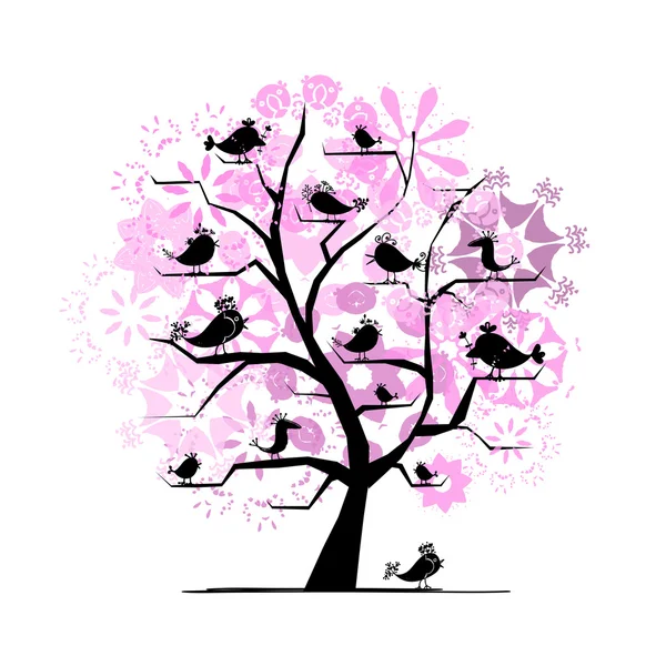 Árbol divertido con pájaros cantores para tu diseño — Archivo Imágenes Vectoriales