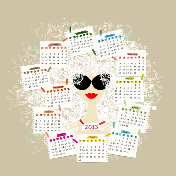 Kvinna porträtt, kalender 2013 koncept för din design — Stock vektor