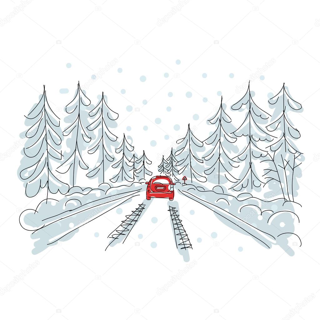 Red car on winter road, sketch for your design