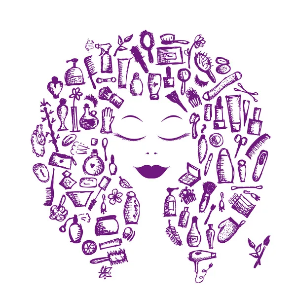 Cosmetic concept, female accessories on woman head for your design — Stock Vector
