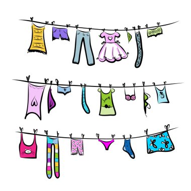clothesline üzerinde giysi. tasarımınız için kroki