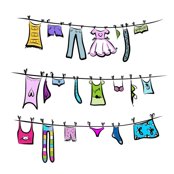 Clothes on the clothesline. Sketch for your design — Stock Vector
