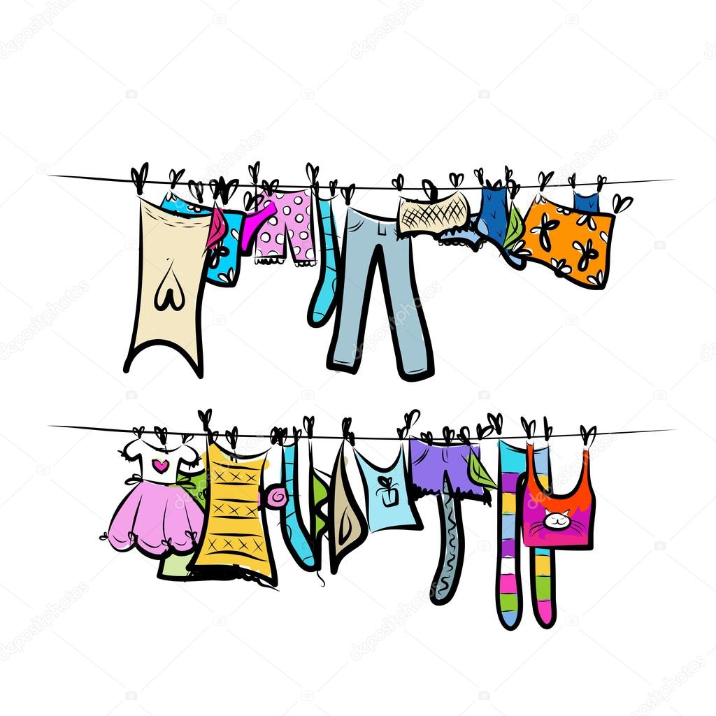 Clothes on the clothesline. Sketch for your design