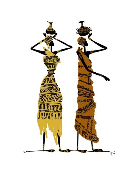 Esquisse dessinée à la main de femmes ethniques avec des cruches — Image vectorielle