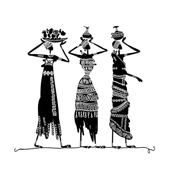 Desenho feito à mão de mulheres étnicas com jarros — Vetor de Stock