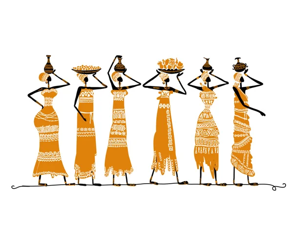 Croquis de femmes ethniques avec des cruches pour votre conception — Image vectorielle