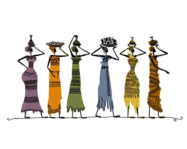 Bosquejo de mujeres étnicas con jarras para su diseño — Vector de stock