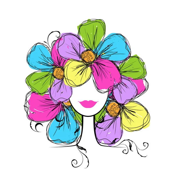 Cabeza de mujer con peinado floral para tu diseño — Vector de stock