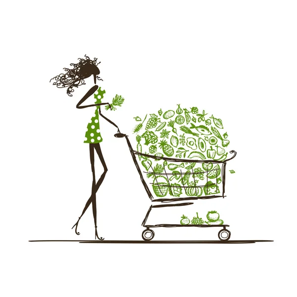 Mujer de compras con carrito de comida en el supermercado — Vector de stock