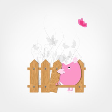 Funny pig behind wooden fence of garden for your design clipart