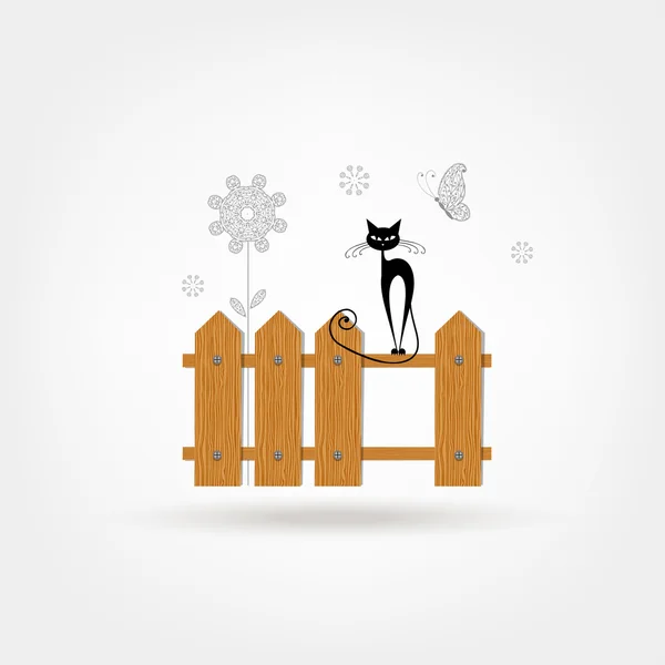 Sort kat på træ hegn til dit design – Stock-vektor