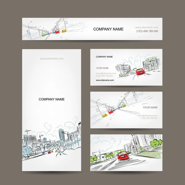 Collection de cartes de visite, voitures sur la route de la ville pour votre design — Image vectorielle