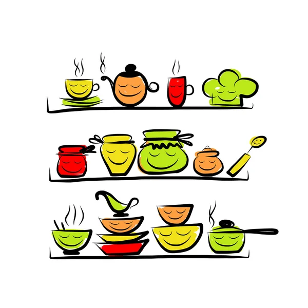 Κουζίνα σκεύη χαρακτήρες στα ράφια, σκίτσο, σχέδιο για το σχέδιό σας — Διανυσματικό Αρχείο