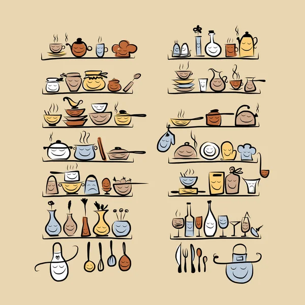 Utensilios de cocina personajes en estantes, dibujo de boceto para su diseño — Archivo Imágenes Vectoriales