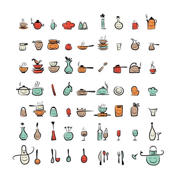 Utensilios de cocina personajes, bosquejo iconos de dibujo para su diseño — Archivo Imágenes Vectoriales