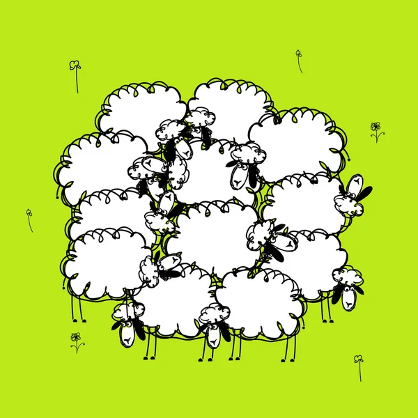 Funny ovejas en el prado, boceto para su diseño — Vector de stock
