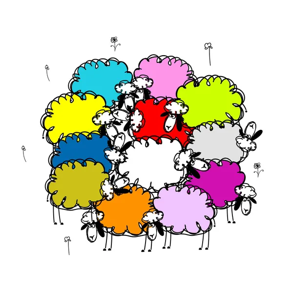 Flock of colored sheeps, sketch for your design — Stock Vector