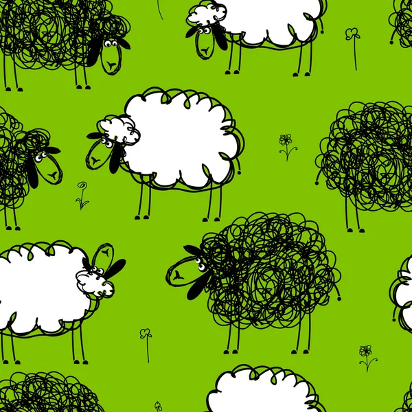 Funny sheeps on meadow, seamless pattern for your design — Stock Vector