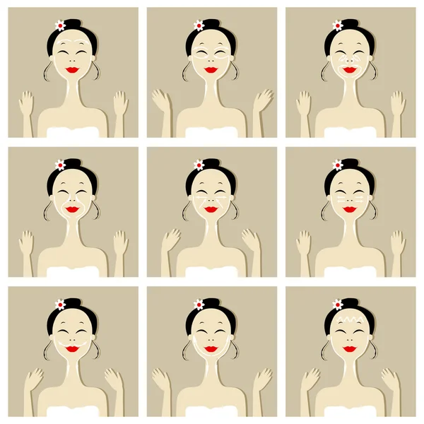 Massagem facial, ilustração com mulher asiática para o seu design —  Vetores de Stock