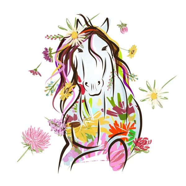 あなたの設計の花飾り付きの馬のスケッチ。2014 年のシンボル — ストックベクタ