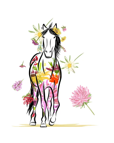 Конский эскиз с цветочными украшениями для вашего дизайна. Символ 2014 года — стоковый вектор