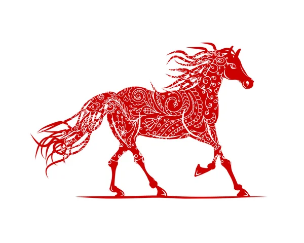 Caballo rojo con adorno floral para su diseño. Símbolo del año 2014 — Vector de stock