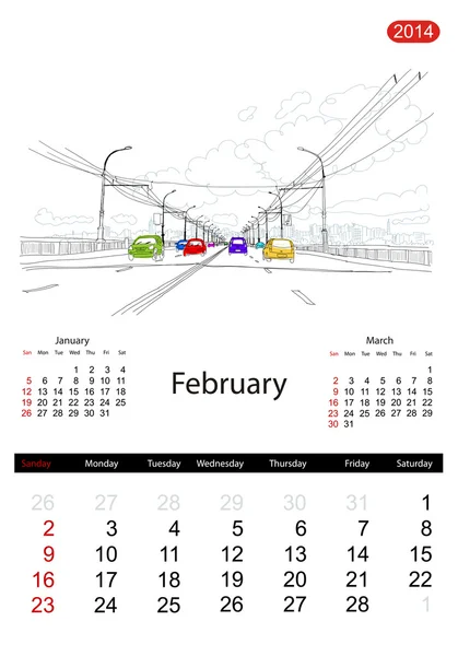 Calendar 2014, february. Streets of the city, sketch for your design — Stock Vector