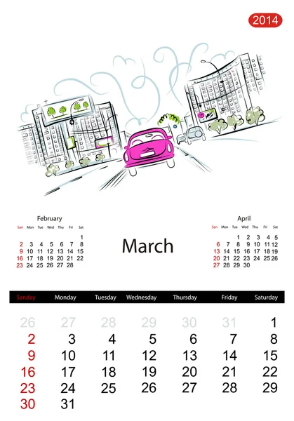 Calendar 2014, march. Streets of the city, sketch for your design — Stock Vector