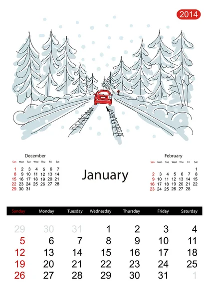 Calendario 2014, enero. Calles de la ciudad, boceto para tu diseño — Archivo Imágenes Vectoriales