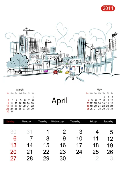 Calendar 2014, april. Streets of the city, sketch for your design — Stock Vector