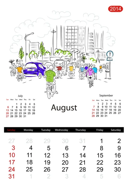 Kalender 2014, August. Straßen der Stadt, Skizze für Ihren Entwurf — Stockvektor