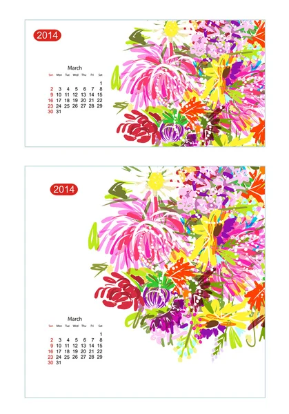 花卉日历 2014 年 3 月 — 图库矢量图片