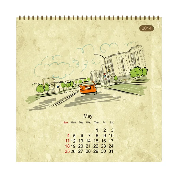 カレンダー 2014 年 5 月。あなたのデザインのため、街の通りをスケッチします。 — ストックベクタ