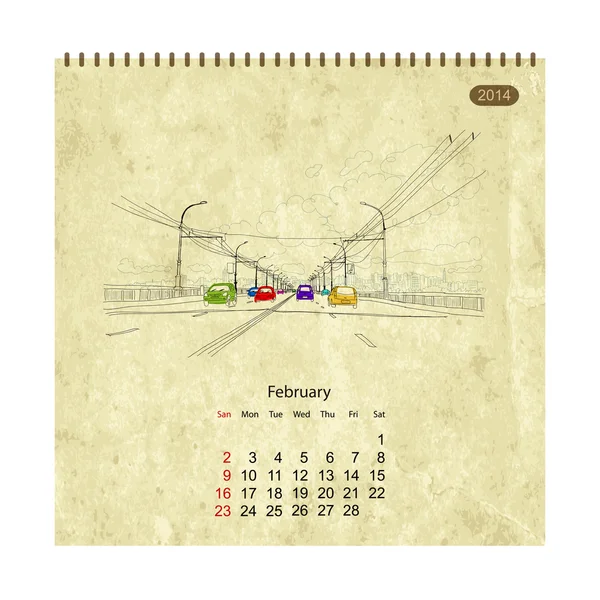 Calendar 2014, february. Streets of the city, sketch for your design — Stock Vector