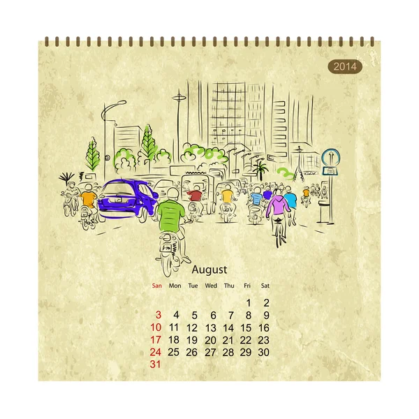 Kalender 2014, August. Straßen der Stadt, Skizze für Ihren Entwurf — Stockvektor