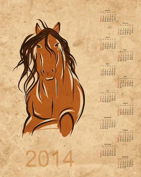 Calendar 2014, horse sketch on grunge paper — Stock Vector