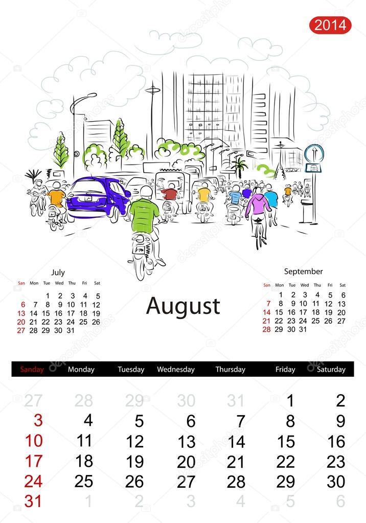 Calendar 2014, august. Streets of the city, sketch for your design