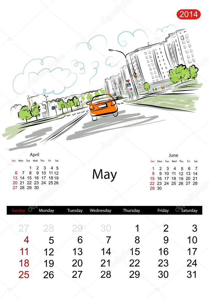 カレンダー 14 年 5 月 あなたのデザインのため 街の通りをスケッチします ストックベクター C Kudryashka