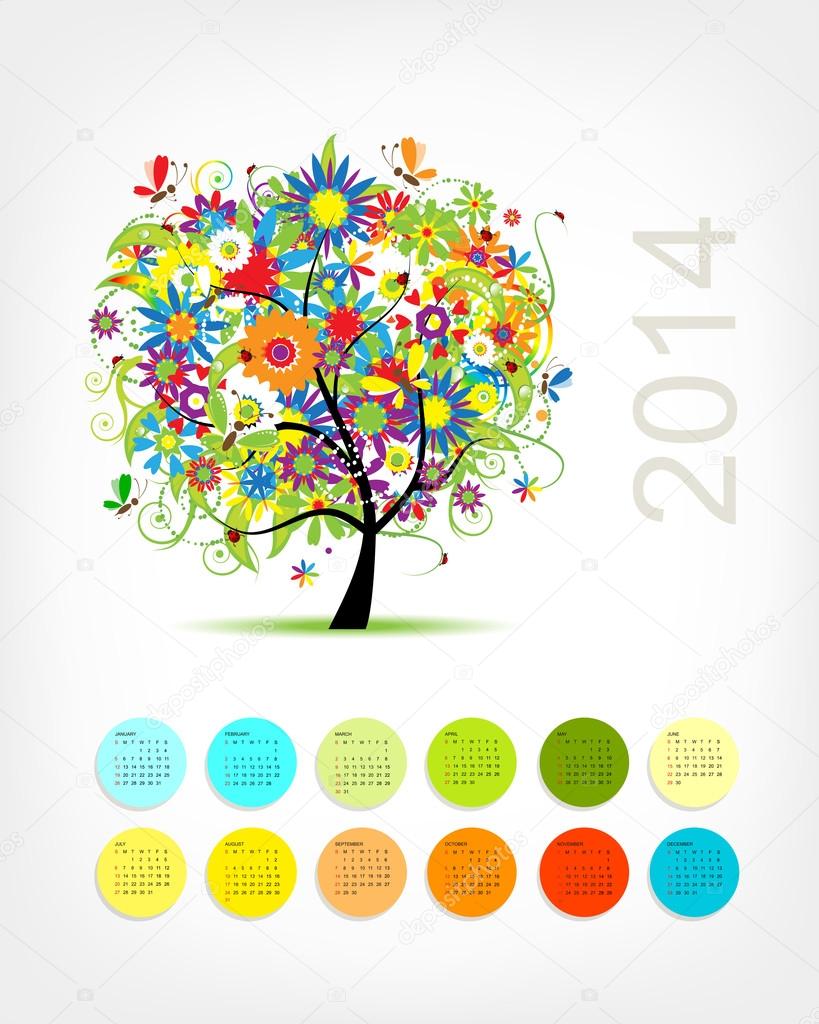 Calendar 2014 with four season tree for your design