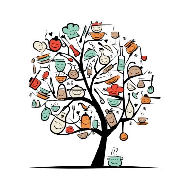 Mutfak aletleri olan sanat ağacı, tasarımınız için çizim.