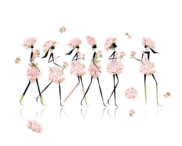 Chicas vestidas con disfraces florales, despedida de soltera para su diseño — Vector de stock