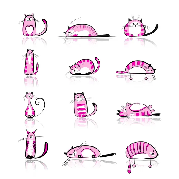 Коллекция смешных розовых котов для вашего дизайна — стоковый вектор