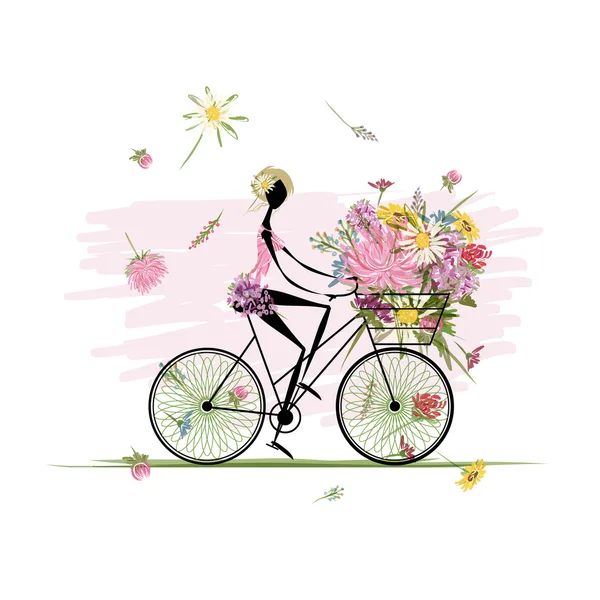 Flicka med blommor bukett i korg cykling — Stock vektor